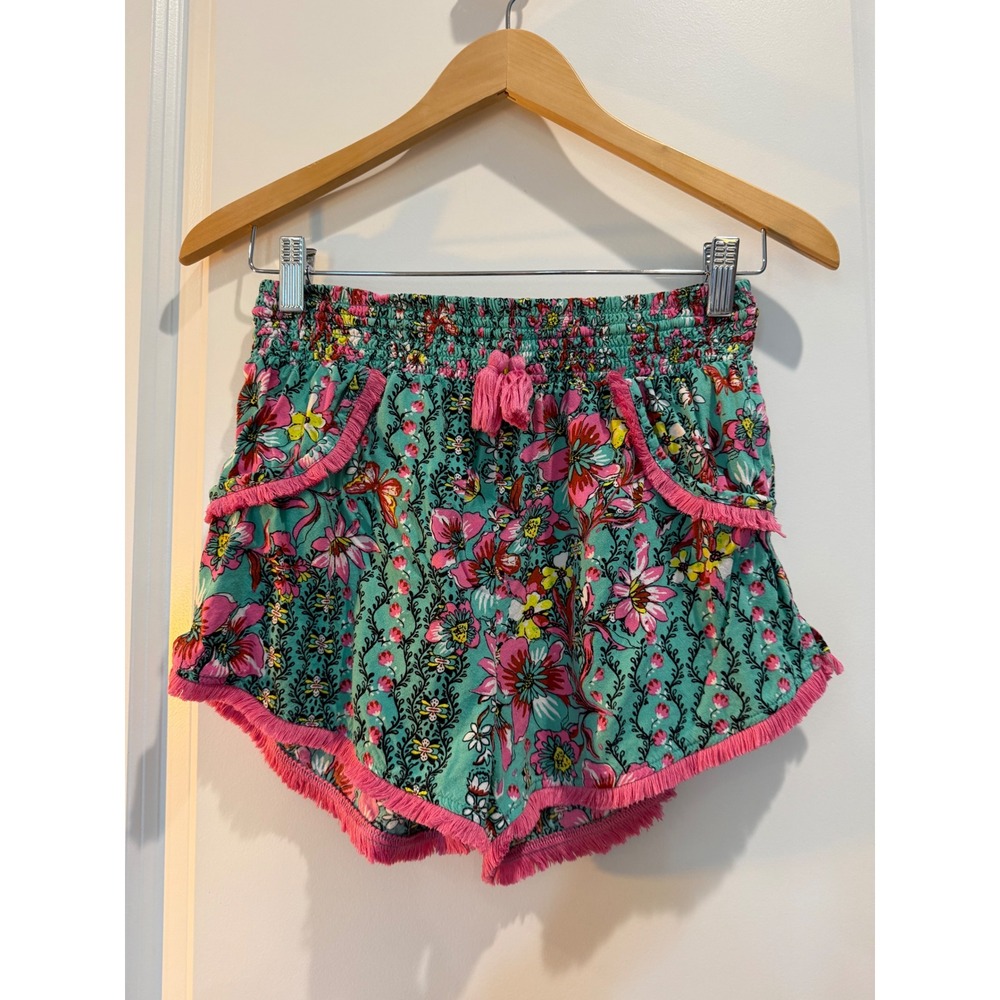 Japna Sleepwear Womens Medium Floral Fringe Smocked Lounge Shorts Teal Pink Boho